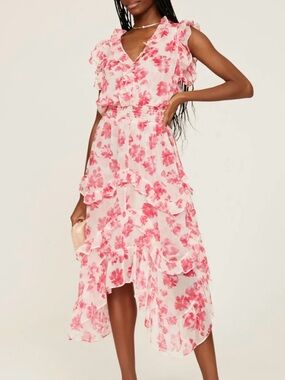 MISA Los Angeles Dakota Floral Ruffled V-Neck Midi Dress in Pink & White Large